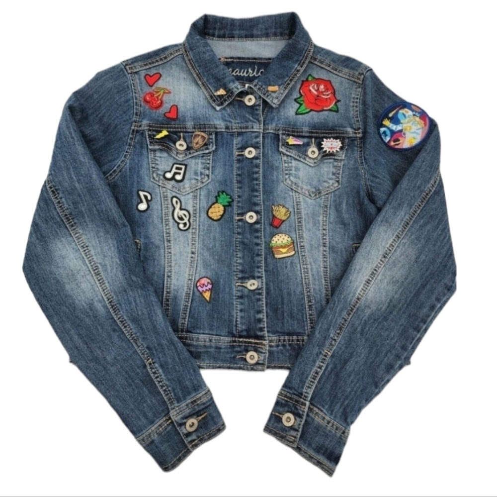 Jean Jacket Embellished Sequin Embroidered Patches Pins Button Up Women’s Sz S